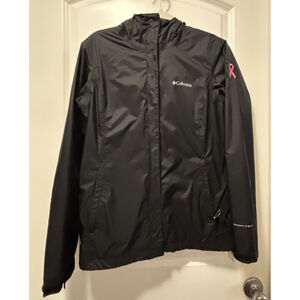 Columbia Omni-Tech Mens Rain Jacket Small Black Hooded Zip Pink Ribbon